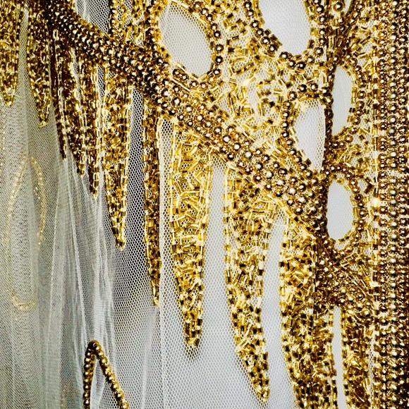 NWT Breathtaking Vtg Krishma Handmade Ivory & Gold Beads Embellished Net Duster - Picture 9 of 16